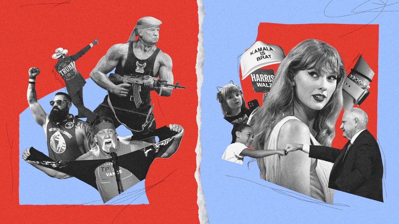 A collage of the Republicans and Democrats supporters on a red and blue backgorund.