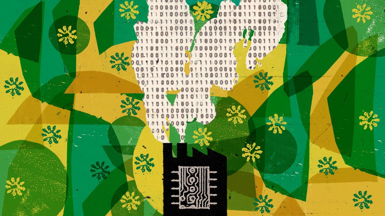 An illustration of a factory building with a chip image on the front with smoke containing binary code spewing out of the chimneys on a background of yellow and green shapes and flowers.