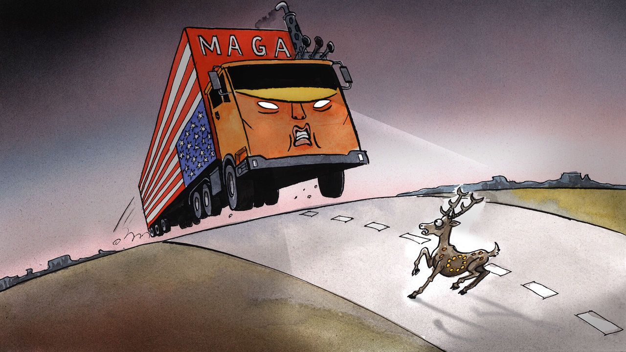 A big truck emblazoned with the US flag on the side and the words MAGA above the cab (which resembles Donald Trump's face) flies over the brow of a hill. A startled deer is caught in the headlights