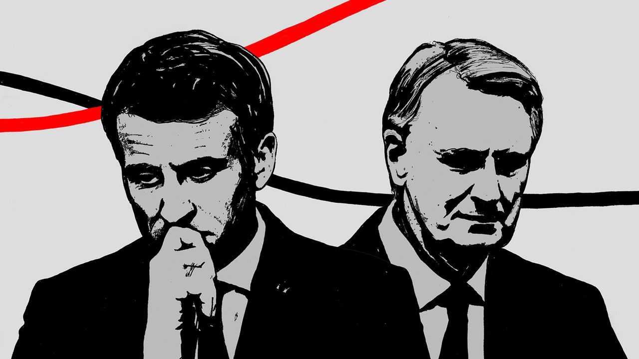 Black and grey two tone portraits of a worried looking Emmanuel Macron and Michel Barnier. Behind them a red graph line goes up and a black graph line goes downward then levels off.