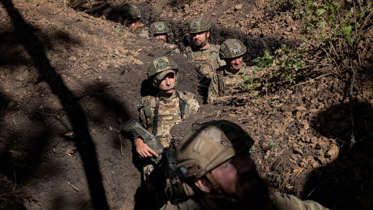 Ukrainian soldiers of the Da Vinci Wolves Battalion during weapons training in the Donetsk region of Ukraine
