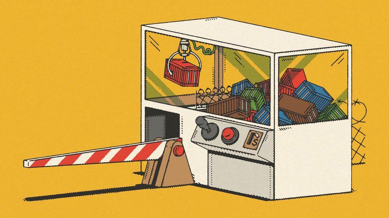 Illustration of an arm barrier with a booth next to it, the booth is a claw machine which has shipping containers inside that are being lifted over a fence