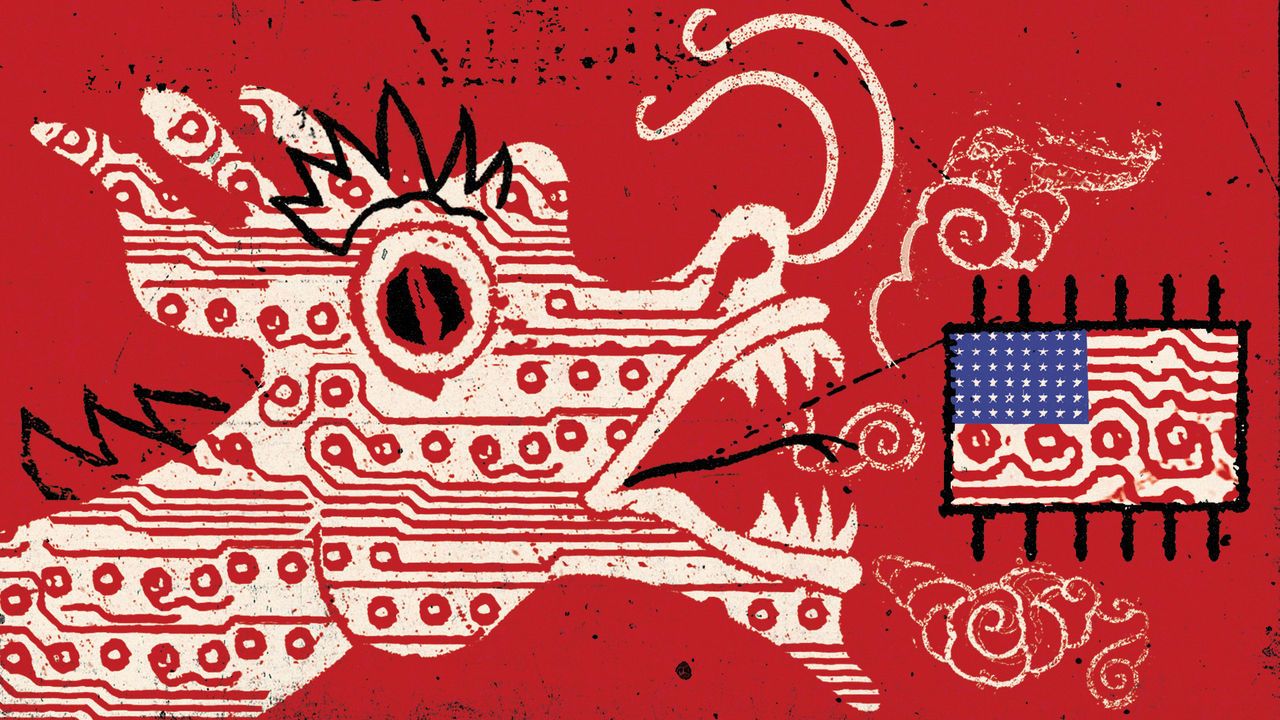 This illustration shows a Chinese dragon with circuit-like patterns confronting a microchip featuring the U.S. flag