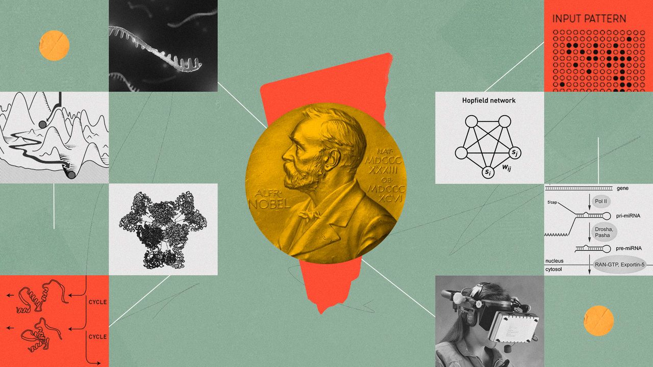 Collage composition with a Nobel Prize medal, surrounded by various scientific and technological images. These include a neural network diagram, a person wearing a VR headset, molecular structures, a landscape graph, and a coiled filament