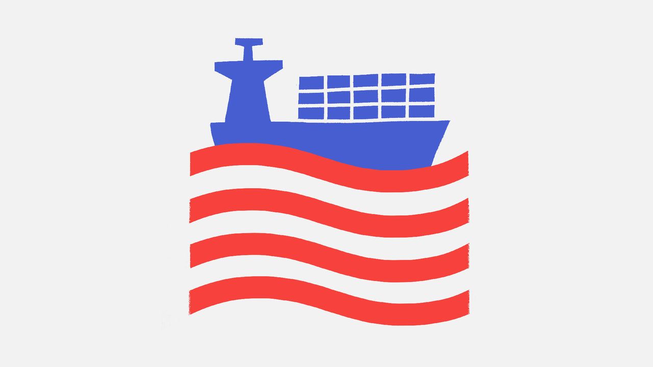 Illustration of a blue boat with containers on it, sailing a red sea.