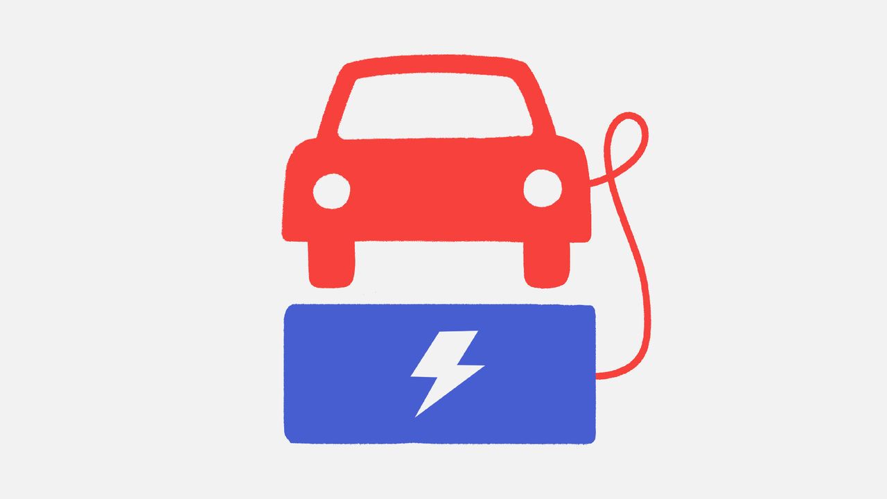 Illustration of a red car plugged to a blue battery.