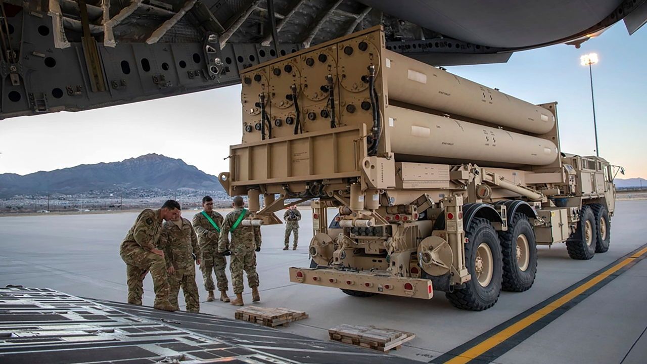 U.S. Army Terminal High Altitude Area Defense (THAAD) launching station preparing to load onto a Globemaster III at Fort Bliss, Texas