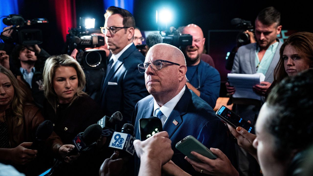 Former Maryland Governor Larry Hogan, speaks to the press after the Maryland Senate debate in Maryland.