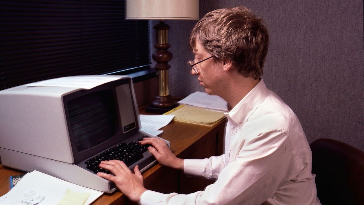 Bill Gates on a computer in 1984.
